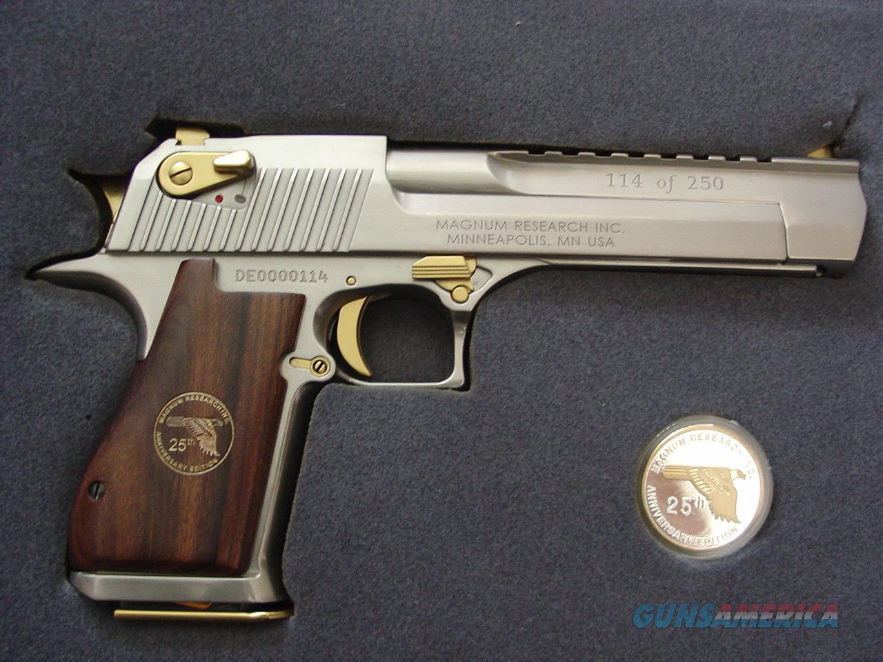 Desert Eagle From Magnum Researchrare 25th Anniversary Model 114 Of Only 250 Made50ae Hand Cannontitanium Silver Finish With 24k Accentssilver