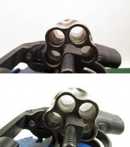  A before and after look at a revolver cylinder. All loose debris was removed with one pass of the RIPCORD.