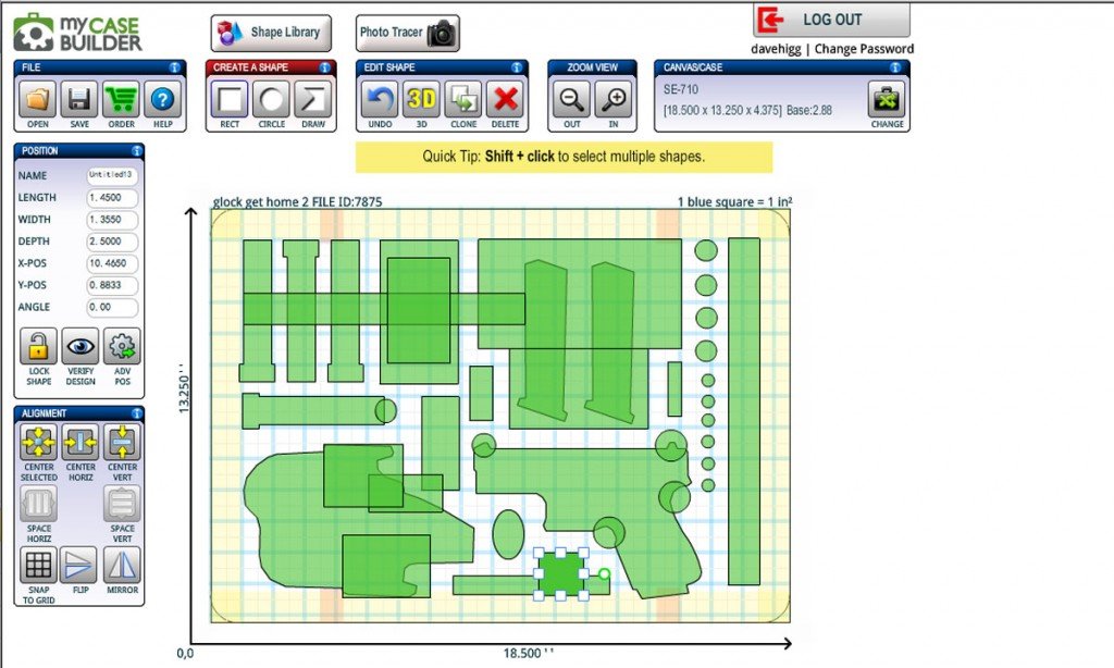 The design feature of MyCaseBuilder.com allows you to structure custom shapes, or pull shapes (like the GLOCK 19) cutout from the library. You can place them wherever you want.