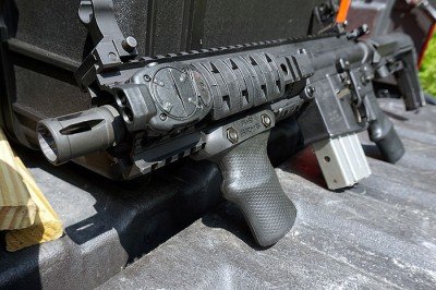 The grip matches the aesthetic of A*B Arms other accesorries. 