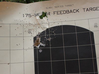 Look again and you can see the pattern from a single round of buckshot. While the buckshot is more effective, it is harder to ensure an accurate hit. That's why you need lots of practice. 