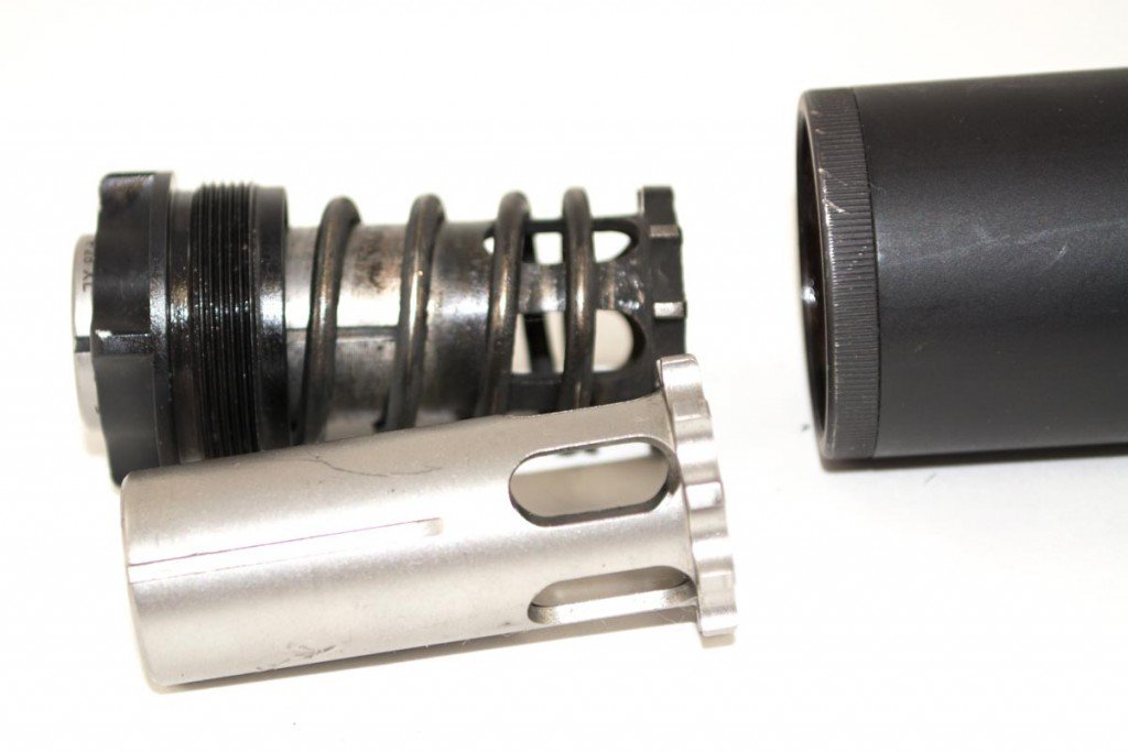 Most suppressors can work on smaller caliber guns with similar pressures. Here, the pistons are interchangeable for different handgun calibers.
