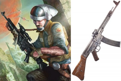 An illustrated A280 blaster in the caring hands of the Rebel Alliance. These blasters were based on the StG 44.