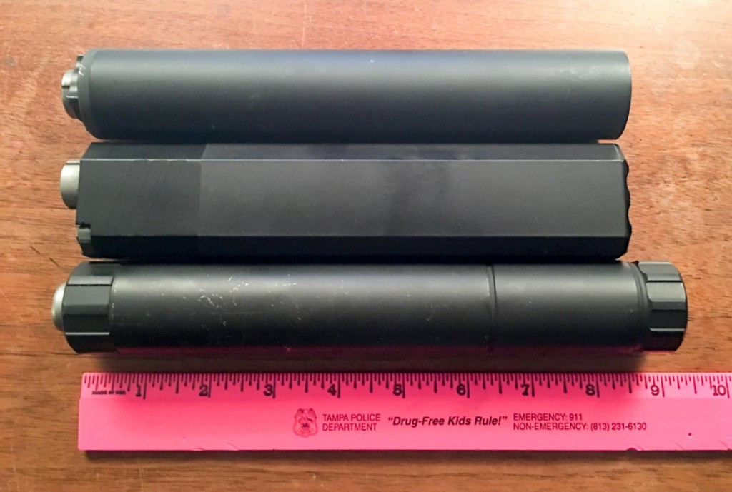 Another size comparison: SilencerCo / SWR Octane 45 (top), SilencerCo Osprey 45 (center) and AAC Ti-Rant 45M (bottom)