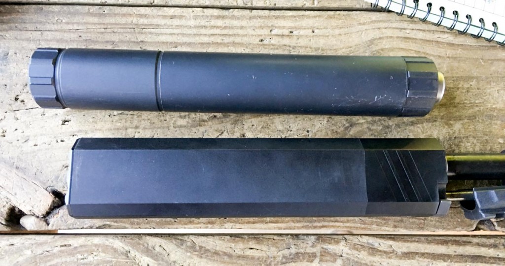 Here I have a SilencerCo Osprey 45 (bottom) shown for size comparison to the Ti-Rant 45M (top)