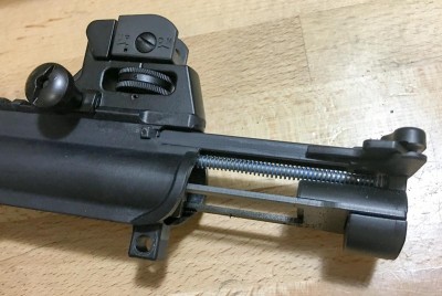 Once the upper receiver is opened, the bolt assembly and charging handle pull out easily. 