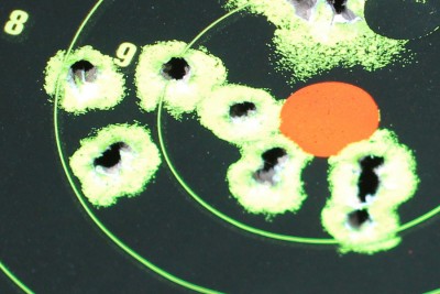 Two groups of five. Different ammo. The Hornady shot straight, while the Winchester Train and Defend drifted left.