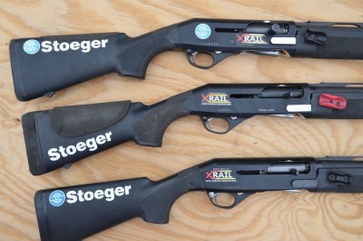 Three identical model shotguns, set up for three different shooters. notice the different stippling patters on the stocks, as well as the foam cheek pads, or lack thereof. 