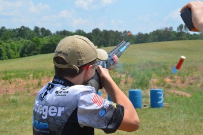 Team Stoeger shooter, Sean Yackley, breaking clays thrown into the air by steel targets that are activated with a shotgun. This is a great example of clays showing you their “face” and how effectively birdshot breaks them. 