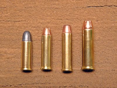 Shown for comparison (from left to right) is a .32 Long, a .32 H&R Mag., a .327 Fed. Mag. and a .357 Mag.