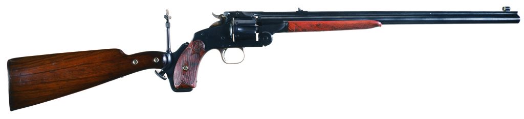 S&W Model 320 Revolving Rifle with 18-inch barrel, included stock and peep sight.