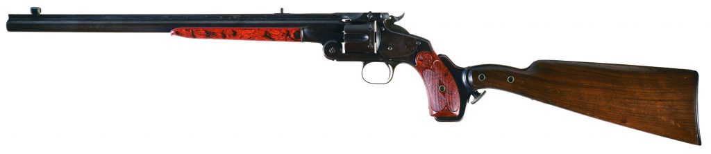 Smith & Wesson Model 320 Revolving Rifle with 16-barrel and stock attached.