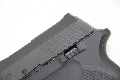 A small but usable slide stop/release lever is located on the left side of the pistol.