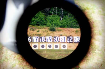 View through a spotting scope at the targets in a Palma Rifle match during Midwest Long Range Championship, 2014.