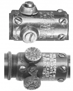 The Weaver 330-S commercial scope is shown above. It has cone-shaped elevation and windage knobs. Below is the Weaver M73B1 telescopic sight. It has drum-shaped elevation and windage knobs, and the nomenclature plate designates it as "Telescope M73B1."