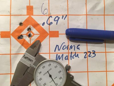 The best five-shot group using the Norma Match-223 77-grain ammo measured just .69 inches from 100 yards. 