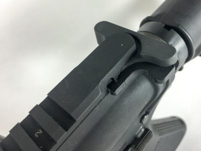 The charging handle is standard and perfectly serviceable. 