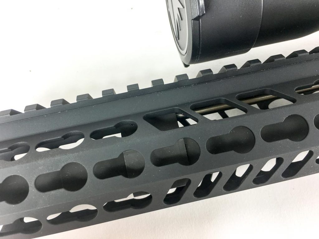 The Keymod-ready handguard allows you to mount gear on seven different angles around the guard. 