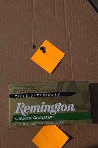 Remington's 165-grain Premier AccuTip was also very accurate, although it always seemed to result in a fifth round flyer.