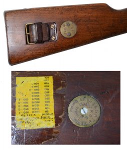 Two types of stock disks were used. The first type was marked with the regiment and rack number – in this instance, S1/No. 1650 signifying that this m/94 carbine belonged to Coastal Artillery Regiment, Uppsala and was number 1,650. The bottom disk was installed with the adoption of the m/41 239-grain, spire point bullet. 