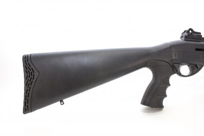 The stock of the TEC-12 has a rubberized, finger-groove-pattern pistol grip attached.