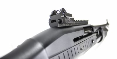 The rear sight is a heavy-duty ghost ring system situated behind a strip of Picatinny rail.