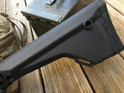 The fixed buttstock is a Magpul MOE rifle-length. 