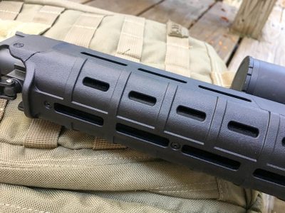 The handguard is also from Magpul and features M-Lock attachment points at the 2, 6, and 10 o'clock positions.