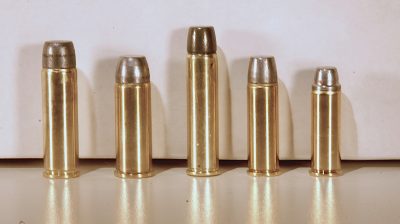 The .500 S&W Mag. round (left) is shown next to the .500 Linebaugh, .460 S&W Mag., .454 Casull and .44 Mag. rounds.