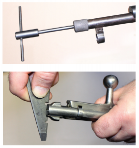 ABOVE Cleaning tools in use. The rod collar, muzzle guide and tommy bar are assembled and fitted to the rod. BELOW The combination tool in use. Here, its notches are used to check the depth of the striker protrusion. (Author’s Collection)