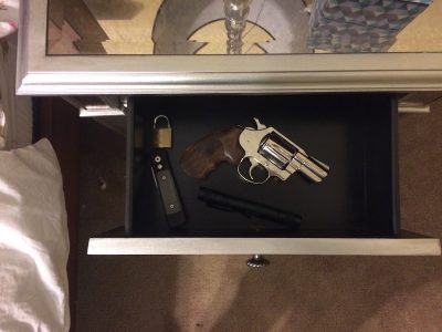 If you opt to keep a loaded gun in your nightstand, my advice is keep that drawer as clean as possible and include only the essentials: knife, gun, flashlight. 