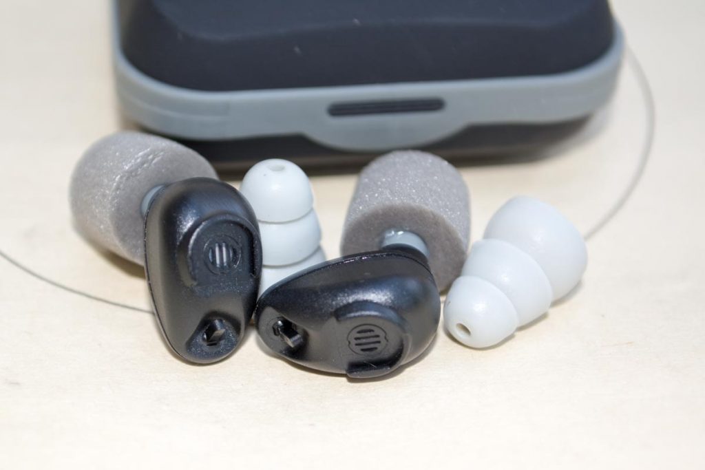 The GSP 15 earplugs shown with two of the six included plug styles.
