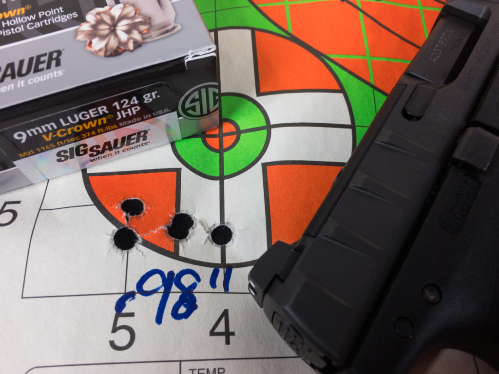 The APX RDO turned in some impressive groups like these five shots of Sig Sauer V-Crown from 25 yards. 