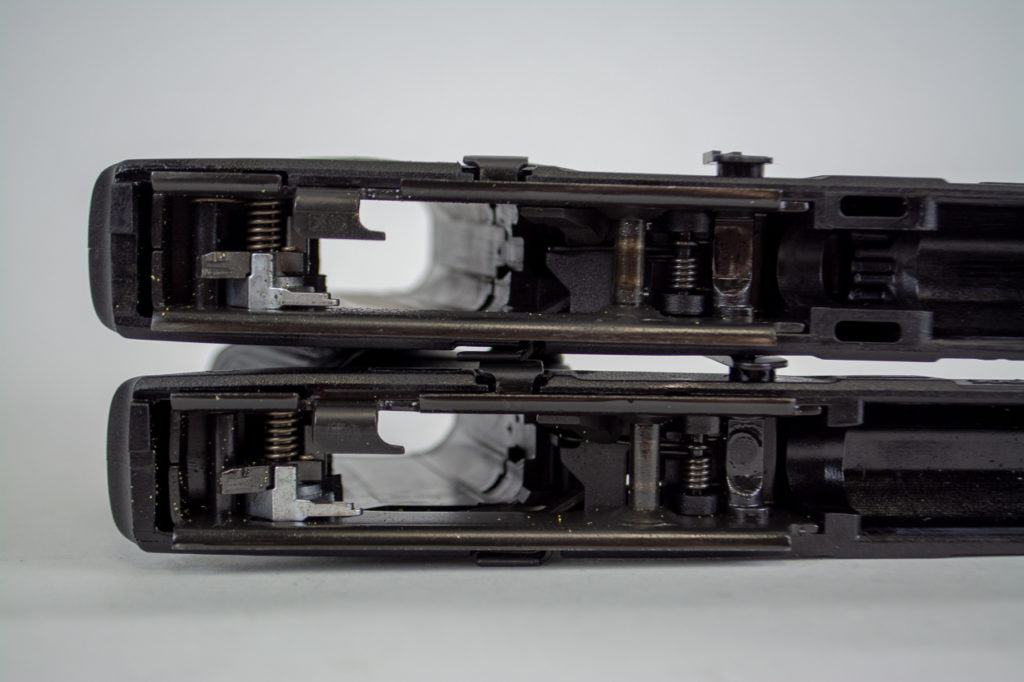 Technically speaking, the actual "firearm" is the fire control chassis. They're identical in the two pistols shown here and can be paired with different frames, slides, and barrels. 