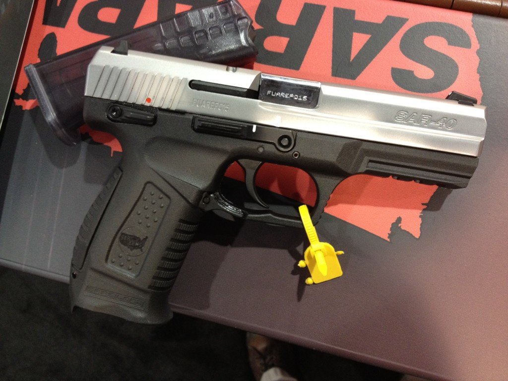 The SAR Arms SAR-40, with the black frame, stainless slide, and chrome barrel.