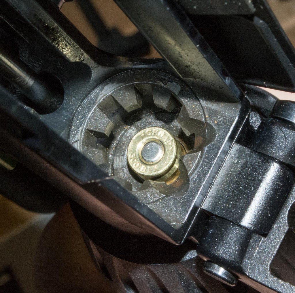 Here's a 300 Blackout cartridge loaded with a ballistic tip bullet, dropped, not forced, into the same 5.56mm chamber.