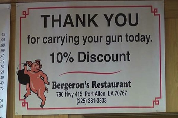 Louisiana restaurant gives 10 percent discount to gun-toting customers