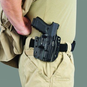The Galco Corvus configured as an outside-the-waistband holster.