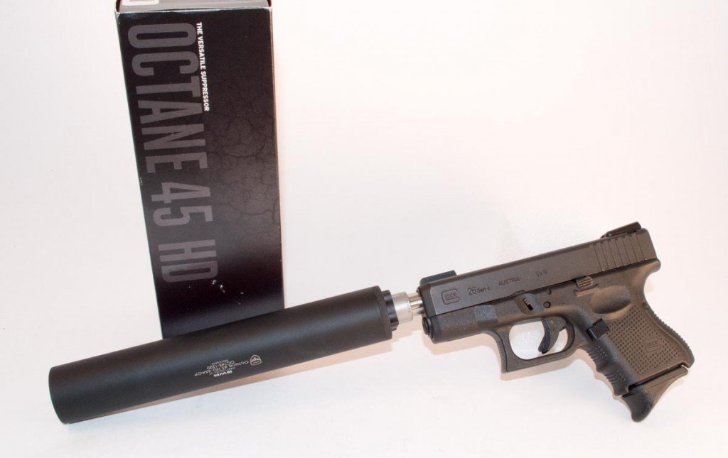 The SilencerCo Octane 45 can be used with smaller calibers too, like this Glock 26 9mm.