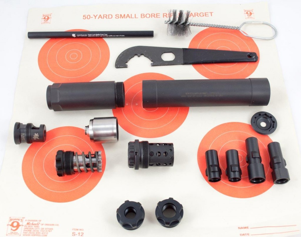 The Griffin Armament Optimus is really more of a kit than a single suppressor. Here are some of the included and optional “parts.”