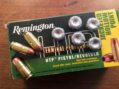 Remington's HTP .45 ACP 185-grain self-defense ammo comes in 50-round boxes.
