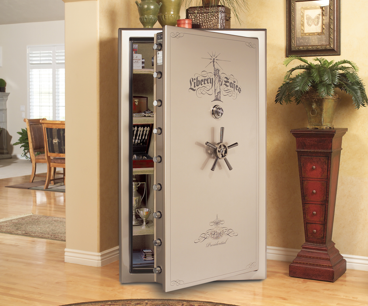 Interior of an open Liberty Presidential 50 gun safe showing long gun storage and door organizer