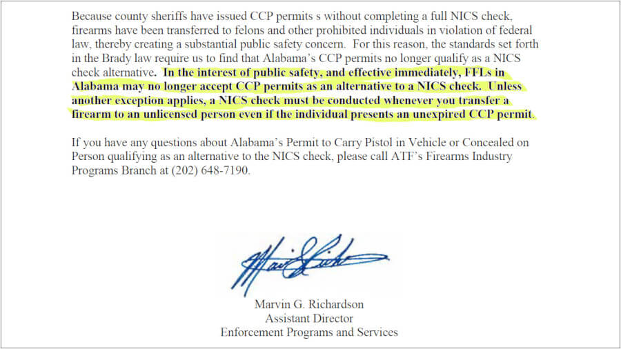 ATF: Alabama Concealed-Carry Permit Holders No Longer Exempt from NICS Checks