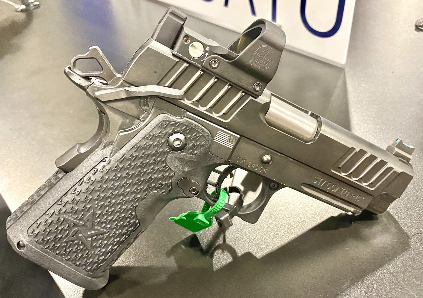 Staccato compact 2011 pistol with red dot optic on display at its SHOT Show 2020 launch