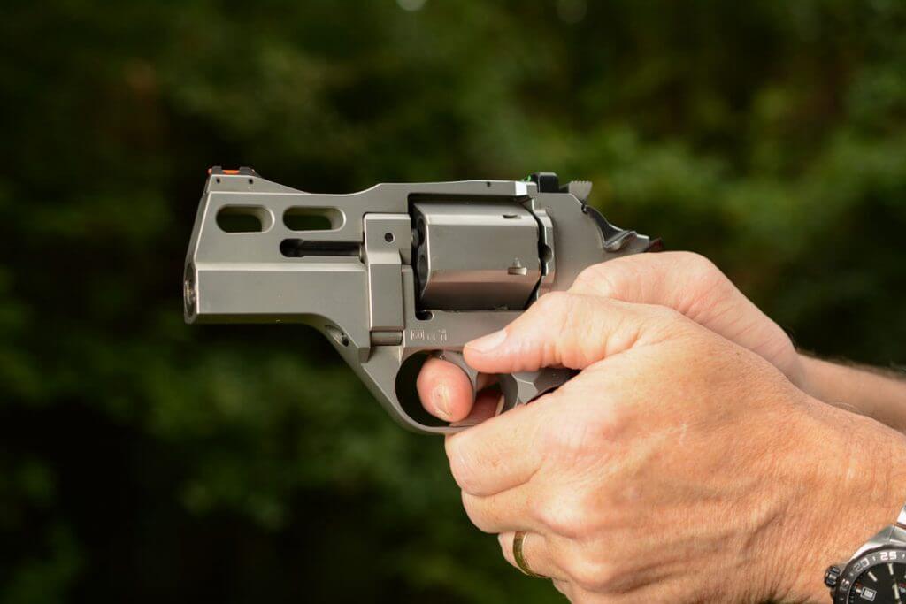 Chiappa 30DS X revolver being shot, symbolizing the blend of classic design with modern shooting innovation.