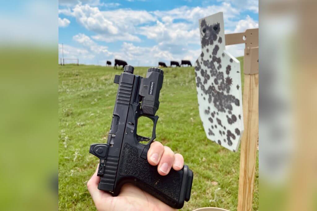 hand holding pistol in front of target