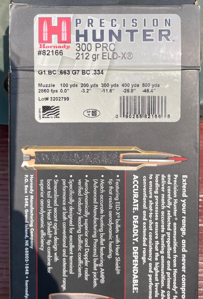 Hornady 200 PRC Precision Hunter 212 grain ELD-X Ammo.