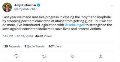 A tweet from Senator sponsoring new gun control legislation.