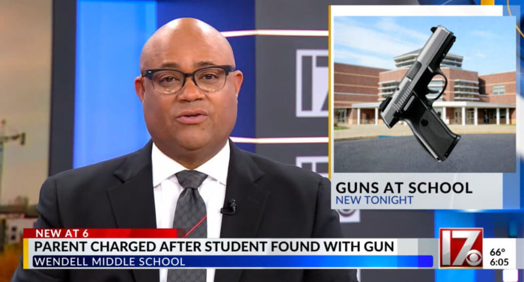 News anchor reporting on the child who brought a gun to school.
