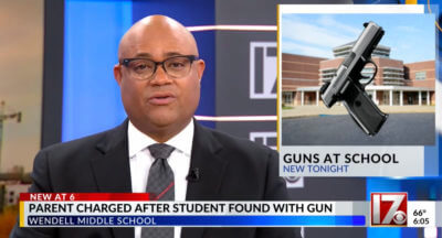 News anchor reporting on the child who brought a gun to school.